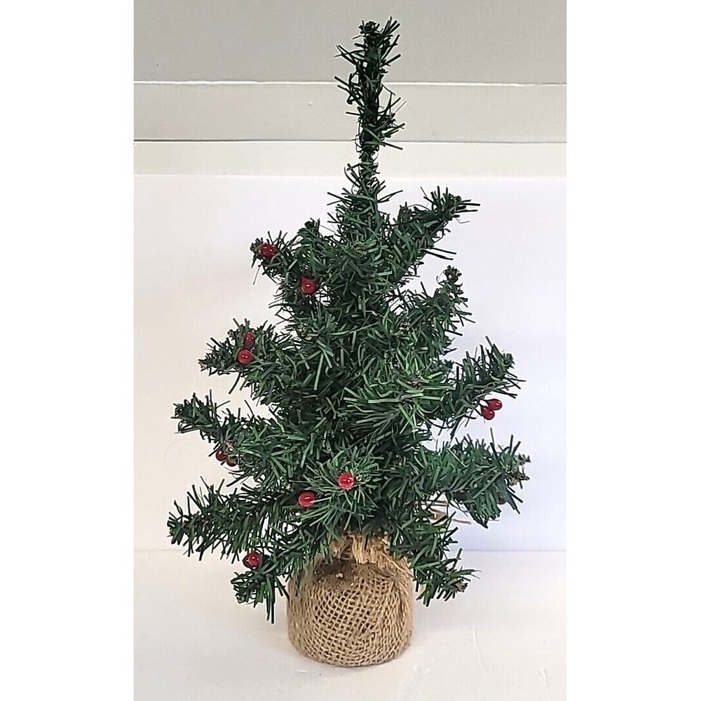 Christmas Tree 13"H Green with Red Berries and Burlap Sack Base Bendable